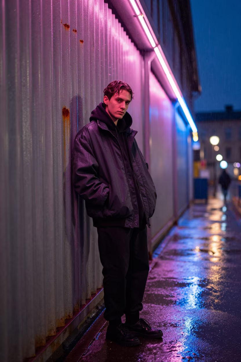 Streetwear Editorial Neon Vantaa Late Spring in along a neon-lit arcade in Vantaa