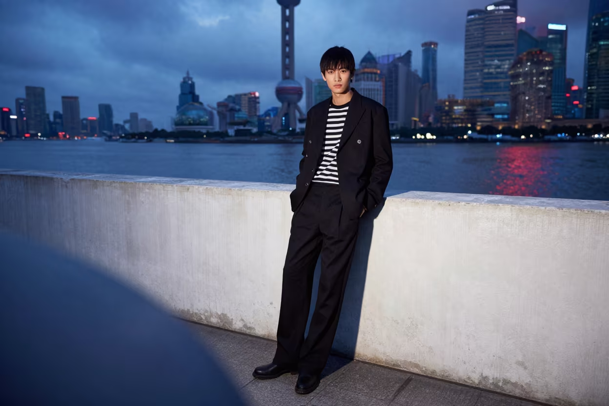 Streetwear Editorial Shanghai Harbor Blue Hour in against a wind-beaten harbor wall near Shanghai