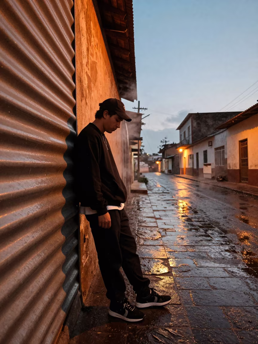 Streetwear Editorial Twilight Quevedo Wet Season in in a stone lane between old facades in Quevedo