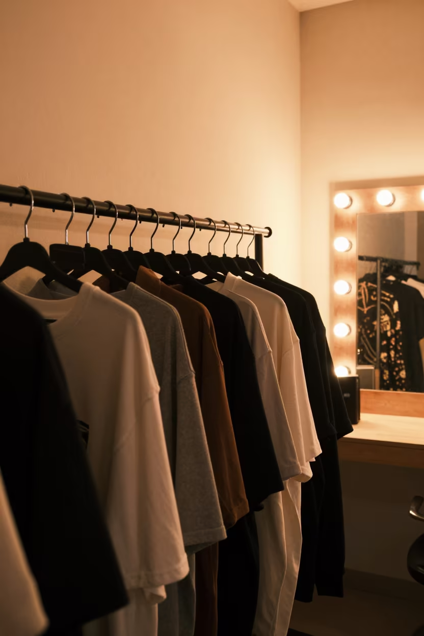 Streetwear Layers Under Amber Sunset Light in Tamale in beside a mirror lined with makeup bulbs in Tamale