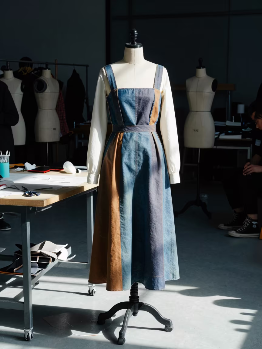 Streetwear Layers on Atelier Dress Form in Ajloun in at a tailoring table strewn with chalk and shears in Ajloun