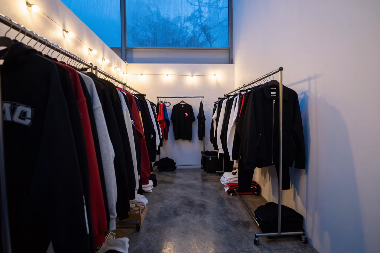 Streetwear Layers Backstage Angers Twilight Glow in in a backstage changing corridor in Angers