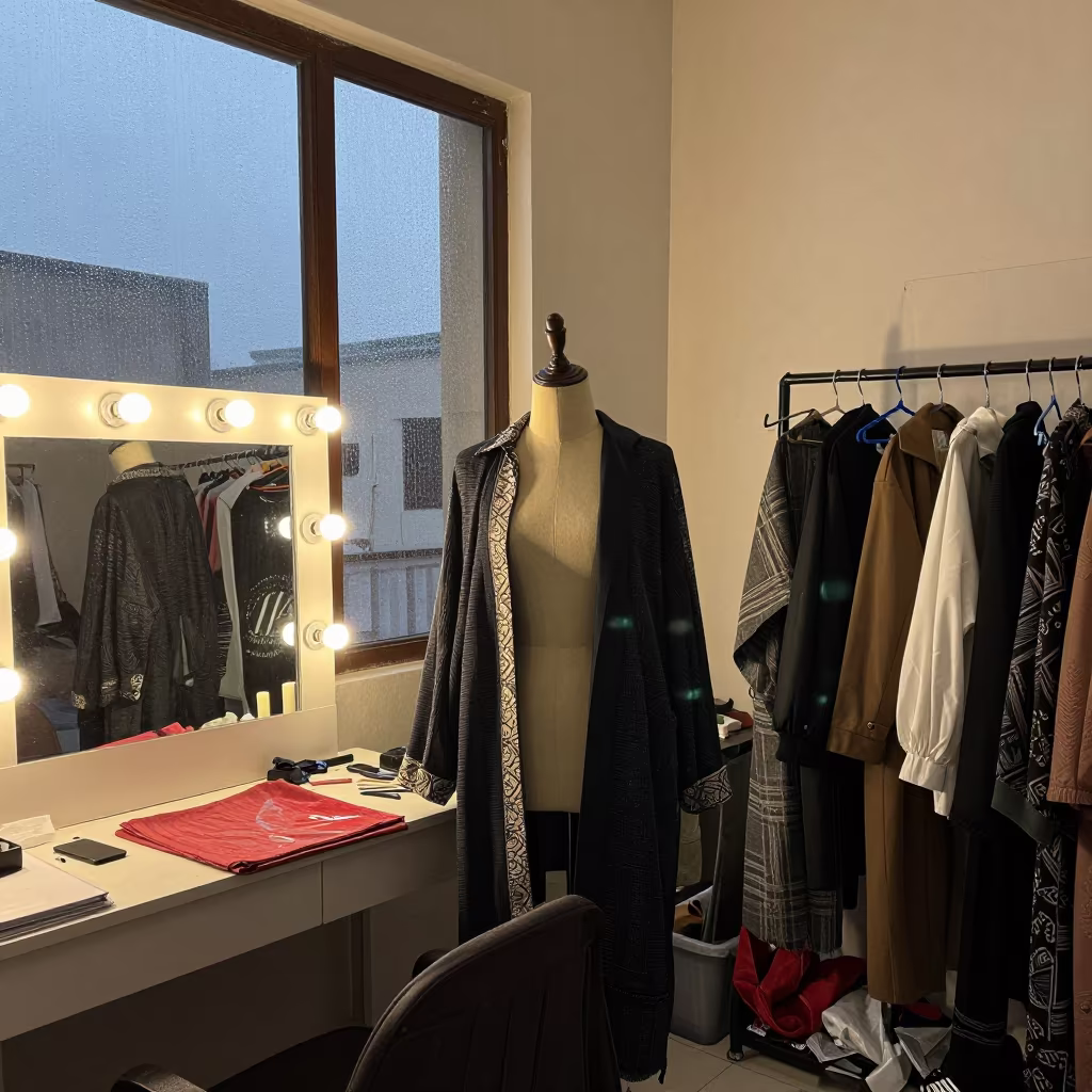 Streetwear Layers on Dress Form in Sanaa in beside a mirror lined with makeup bulbs near Sanaa