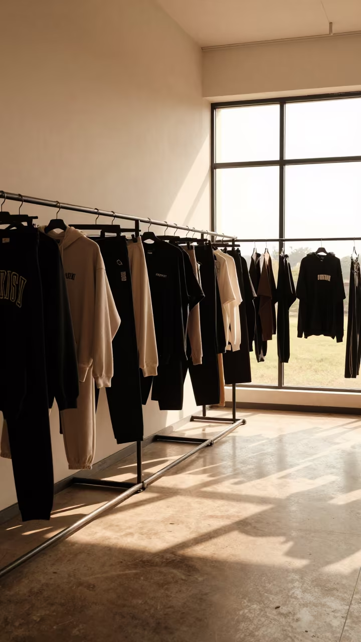 Streetwear Layers in Honey Light at Mutare Showroom in inside a minimalist showroom near Mutare