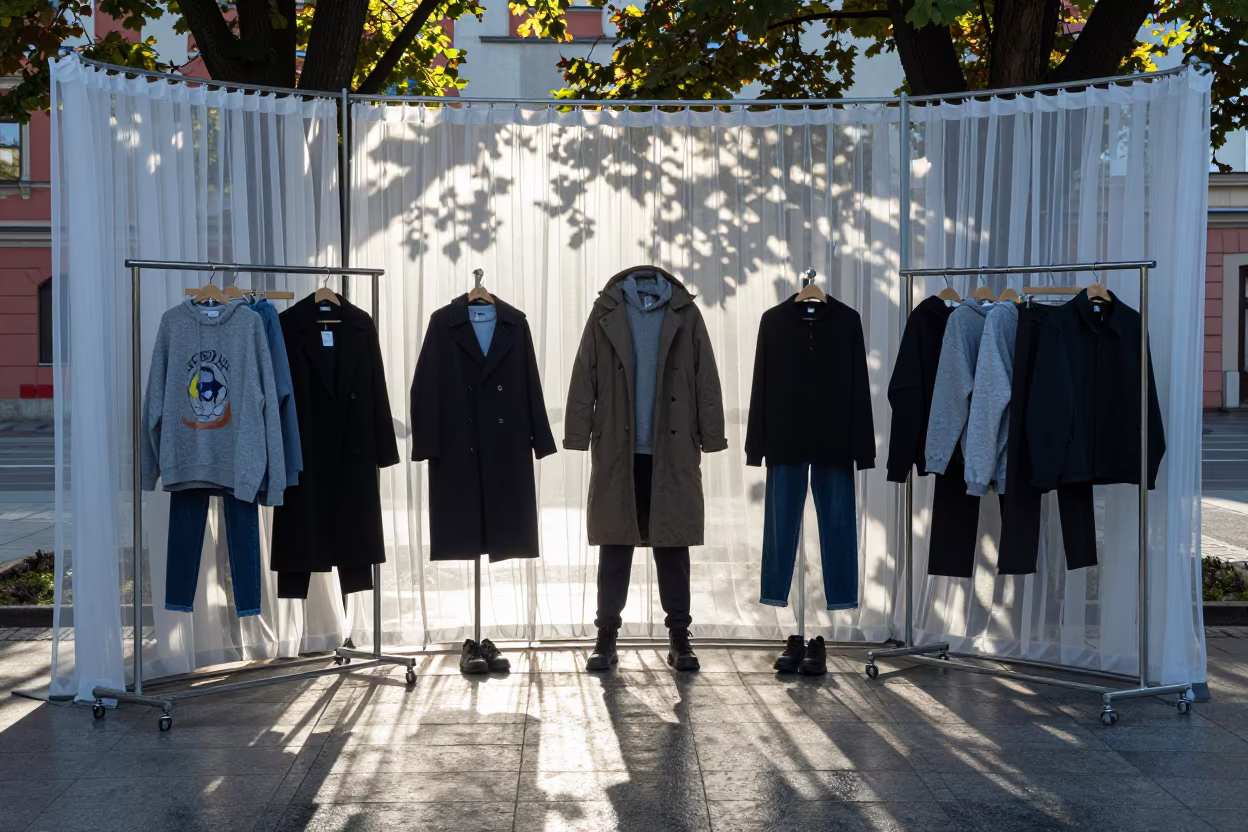 Streetwear Layers in Rain and Dappled Light in across a reflective public plaza near Wałbrzych