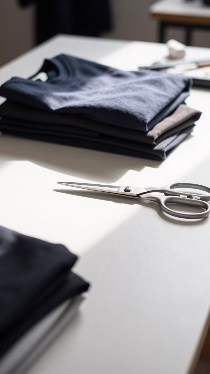 Streetwear Layers on Tailor Table in Belem in at a tailoring table strewn with chalk and shears in Belem
