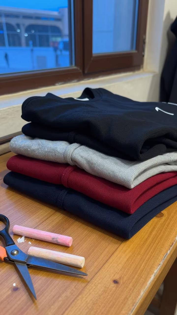 Streetwear Layers on Tailoring Table Near Mecca in at a tailoring table strewn with chalk and shears near Mecca