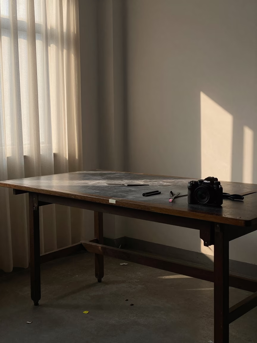 Streetwear Layers on Tailoring Table in Wenzhou in at a tailoring table strewn with chalk and shears in Wenzhou