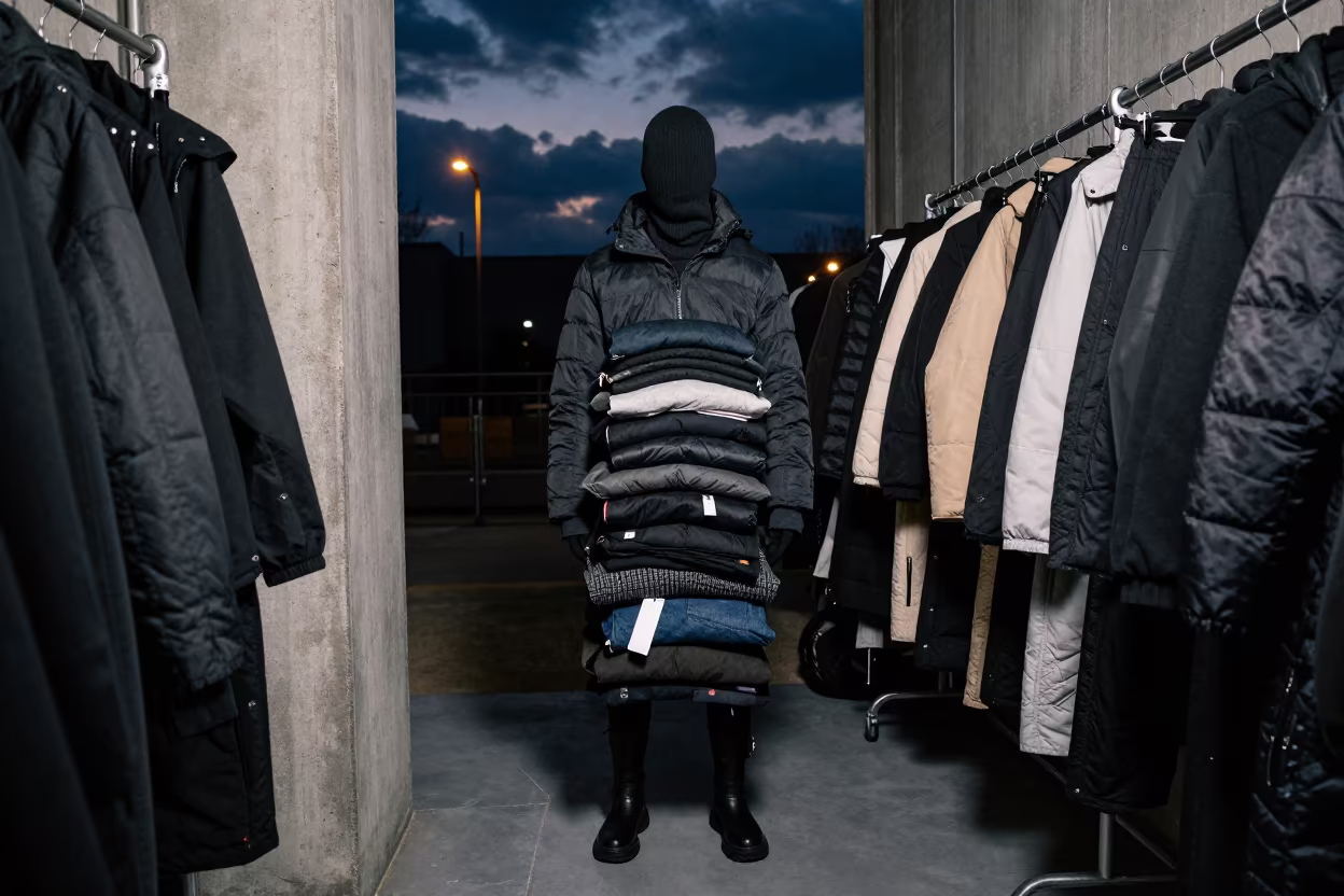 Streetwear Layers in Winter Night Doorway in in a backstage changing corridor near Jinan