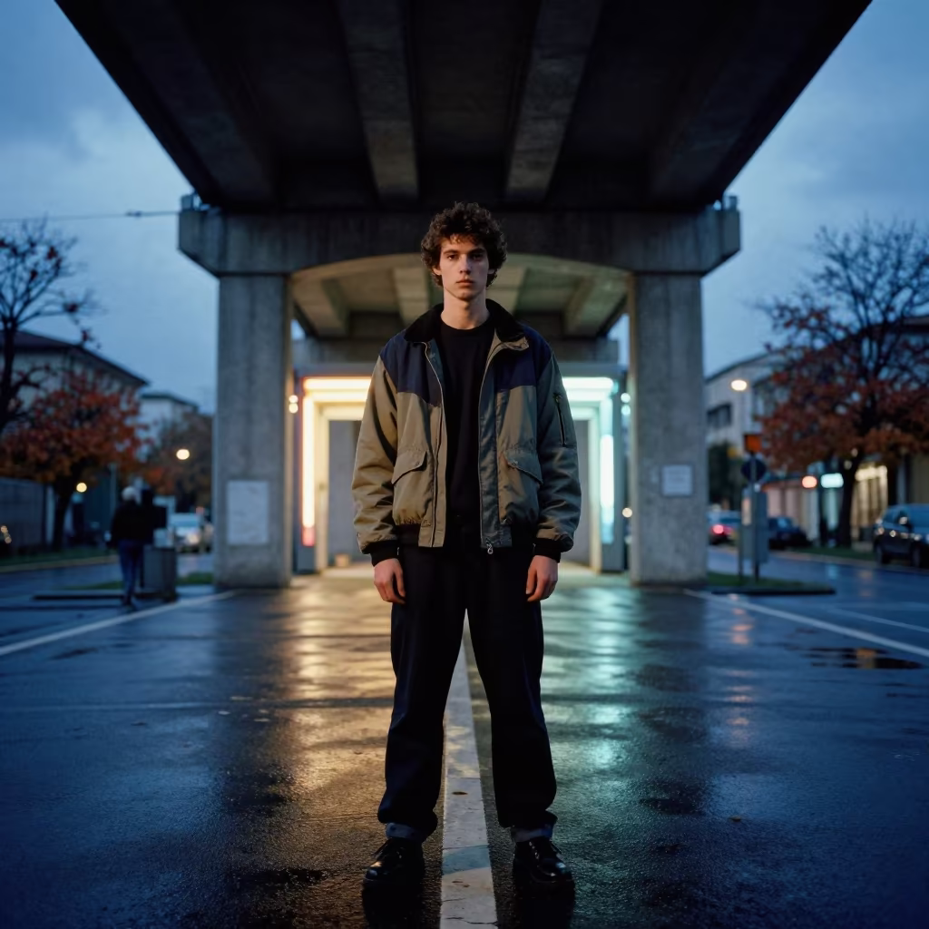 Streetwear Lookbook in Foggia Twilight in along a neon-lit arcade in Foggia