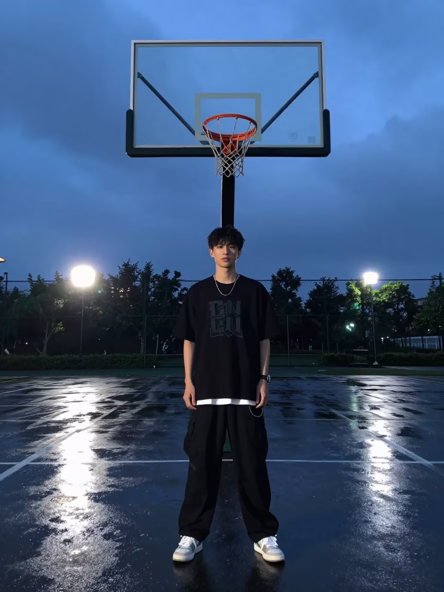 Streetwear Lookbook Under Tainan Basketball Hoop at Dusk in under runway rehearsal lights near Tainan