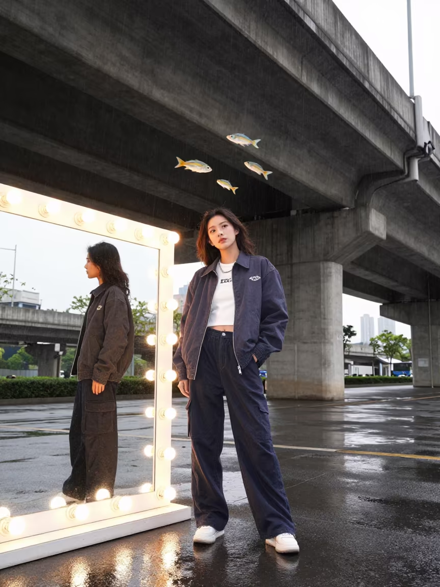 Streetwear Model Amid Flying Tropical Fish in beside a mirror lined with makeup bulbs near Pokhara