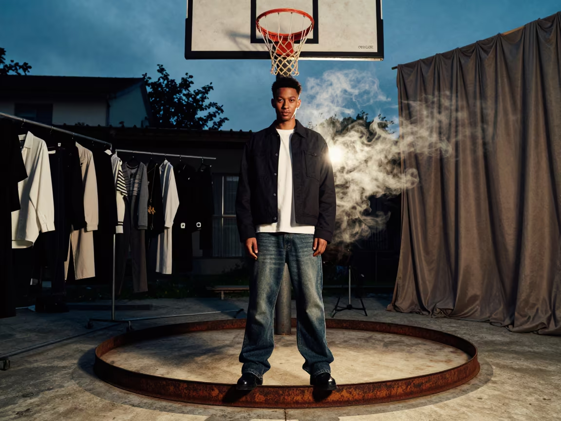 Streetwear Model Under Basketball Hoop at Dusk in inside a couture atelier near Balkanabat