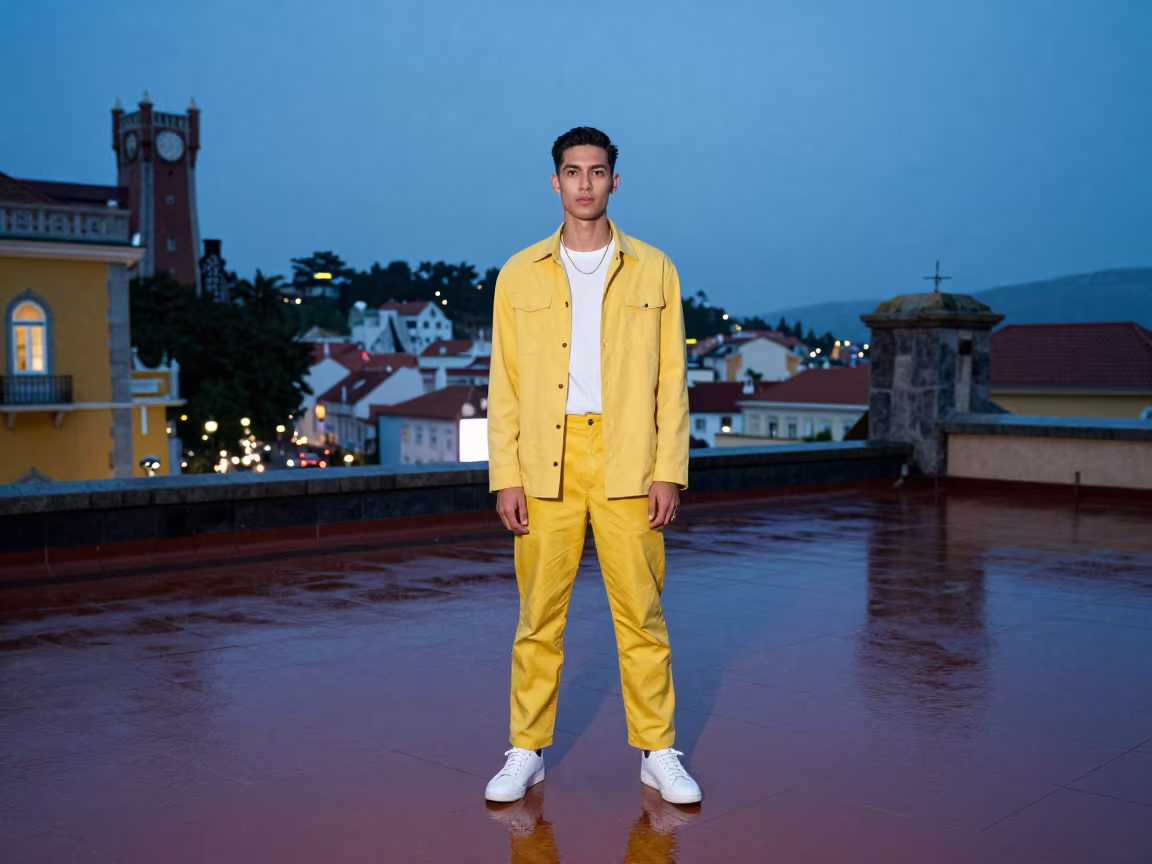 Streetwear Model on Sintra Rooftop in Steel Blue Light in on a rooftop above evening traffic in Sintra