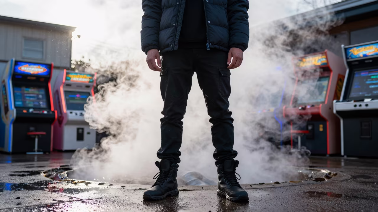 Streetwear Model Beside Steam Vents Neon Arcade in along a neon-lit arcade in Freetown