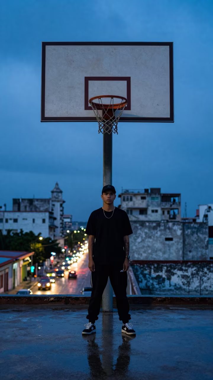 Streetwear Model Under Hoop at Havana Rooftop in on a rooftop above evening traffic near Malecon, Havana