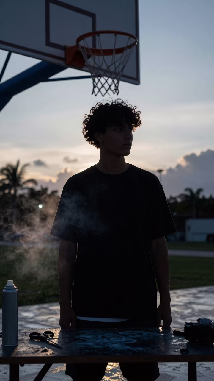 Streetwear Silhouette Under Hoop Dusk Cancun in at a tailoring table strewn with chalk and shears near Cancun