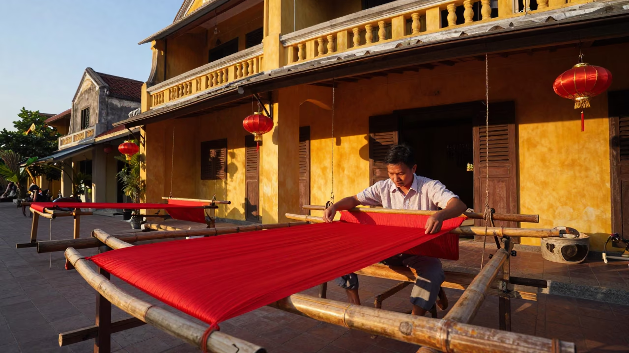Stretching Silk in Hoi An at Golden Hour in in Hoi An, Vietnam