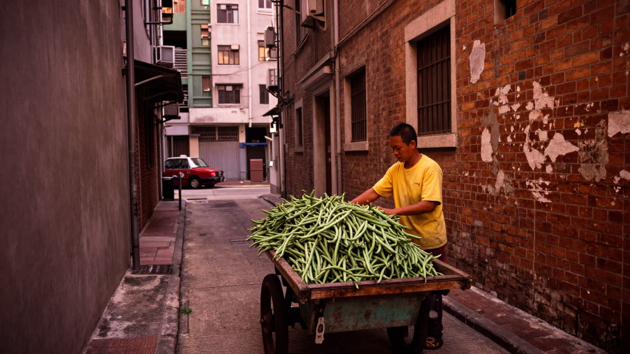 String Beans in Hong Kong at Copper-toned Light Before Dusk in in Hong Kong, Hong Kong