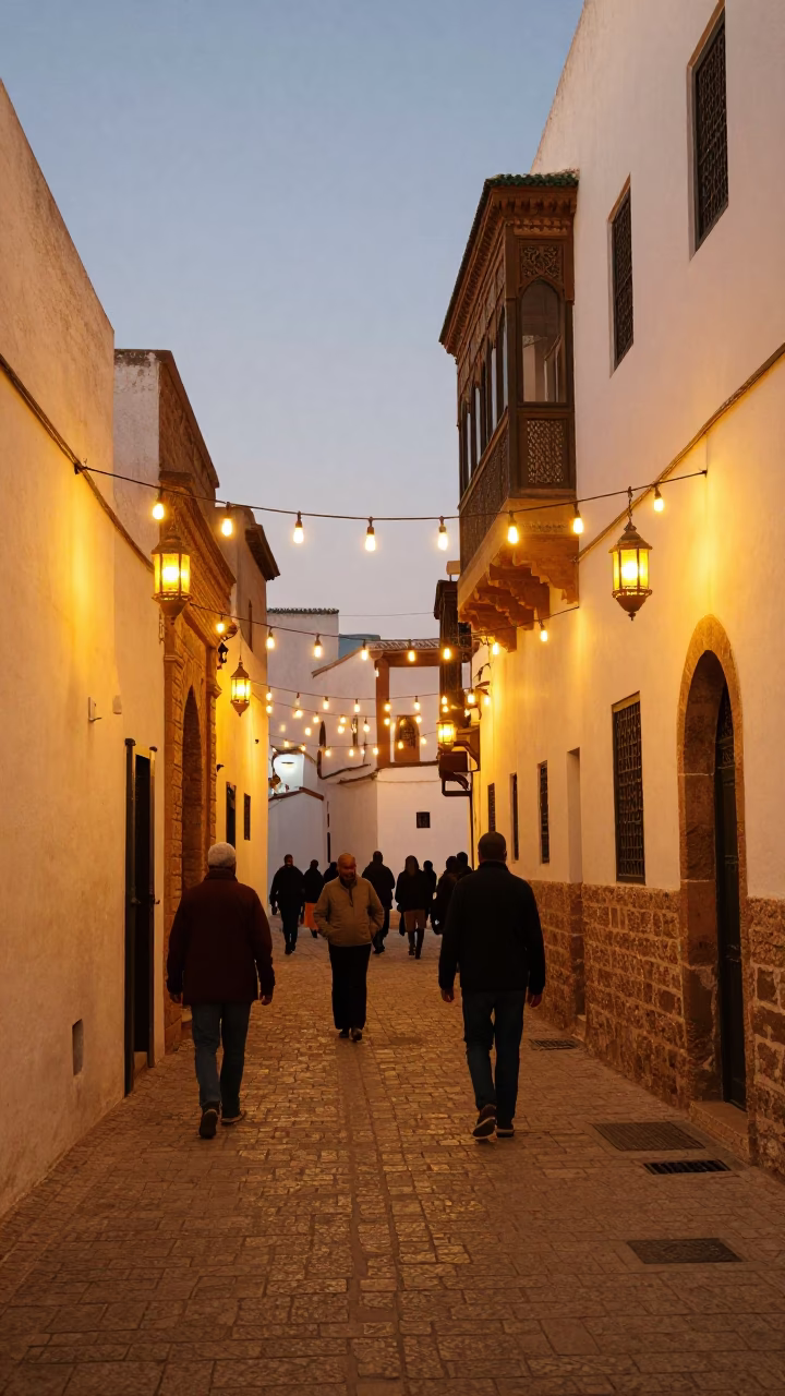 String lights illuminate Essaouira medina alleyway with hanging lanterns and evening activity in in Essaouira, Morocco
