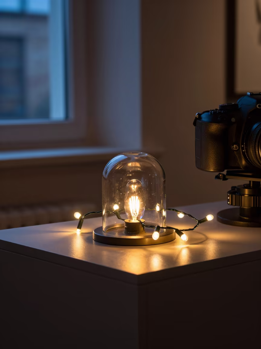 String Lights Glow on Museum Plinth at Twilight in on a museum plinth near Faro