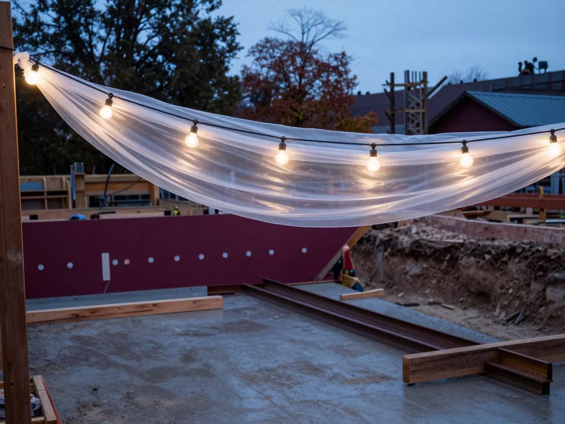String Lights Over Wet Concrete Burgundy Dawn in inside a taped-off excavation edge in Burgundy