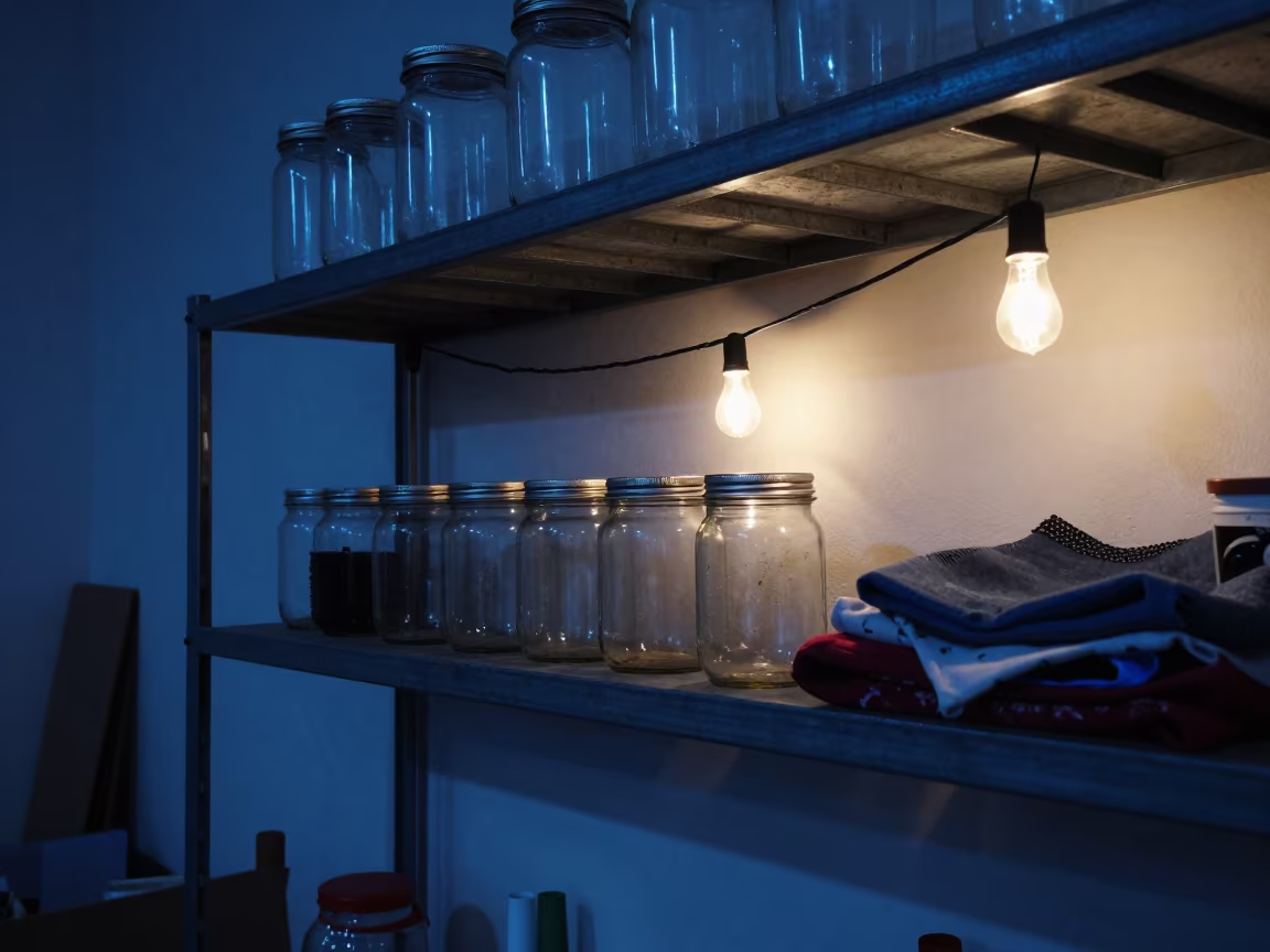 String Lights on Workshop Shelf Twilight in on a workshop shelf in Rimini