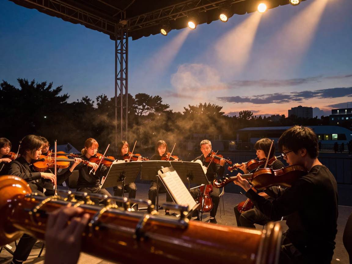 String Orchestra Tuning in Amber Sunset Light in on a theater stage in Hsinchu