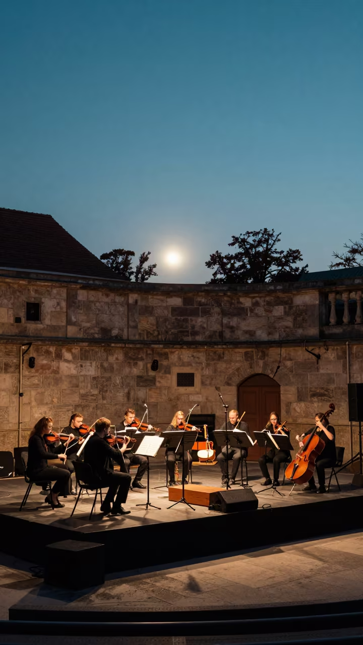 String Orchestra Tuning Under Dual Sun Twilight in on a theater stage in Gliwice