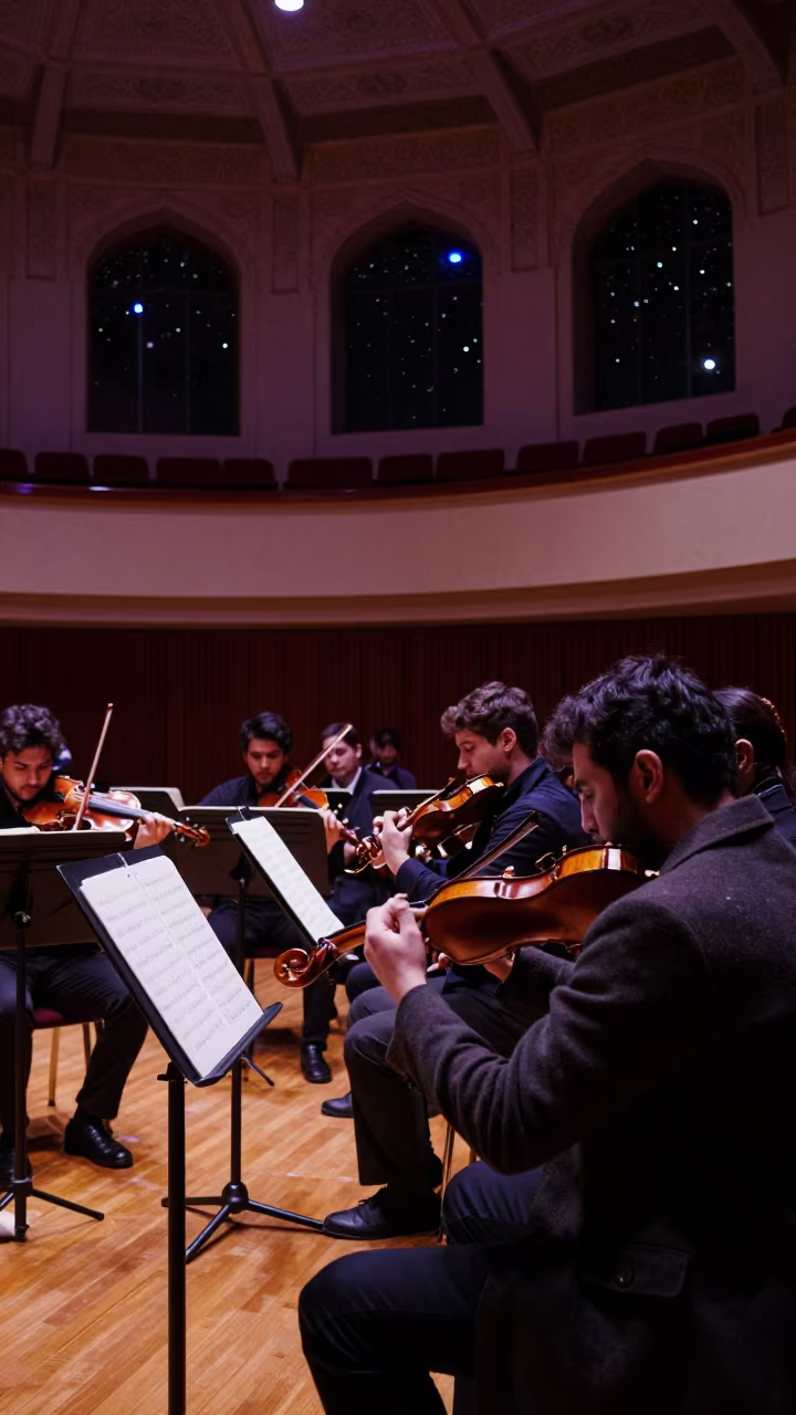String Orchestra Tuning Under Night Sky in in a concert hall in Jhang