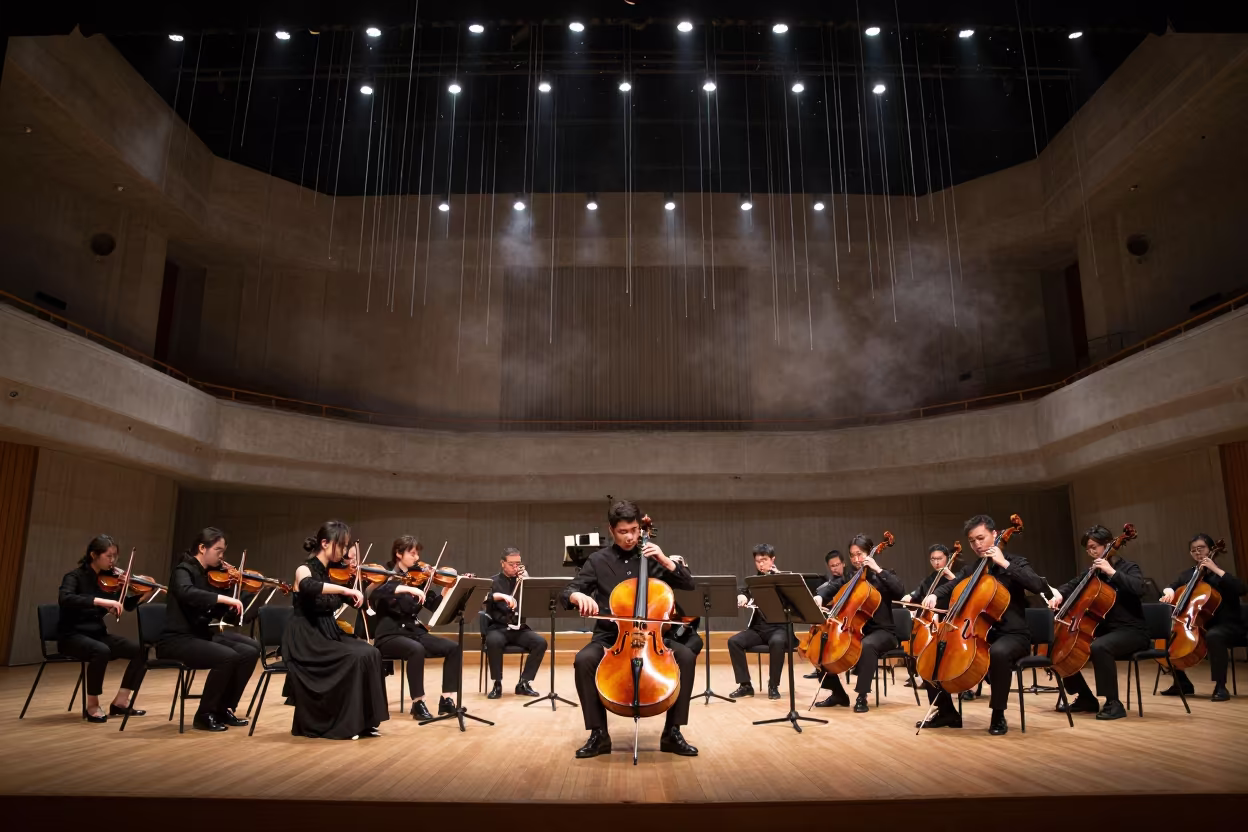 String Orchestra Tuning Under Starlit Sky in in a concert hall in Guiyang