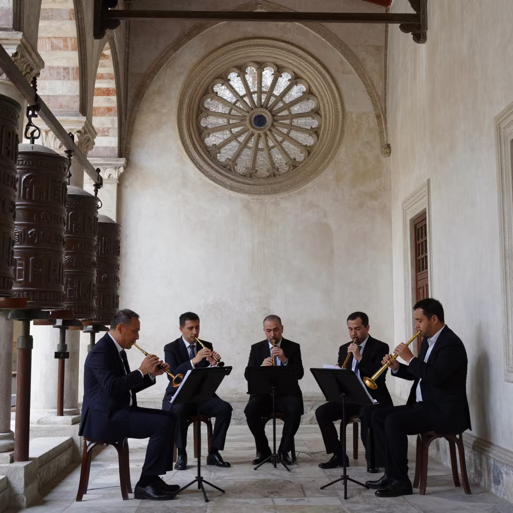 String Quartet Beneath Cathedral Rose Window in beside a prayer wheel corridor in Uşak