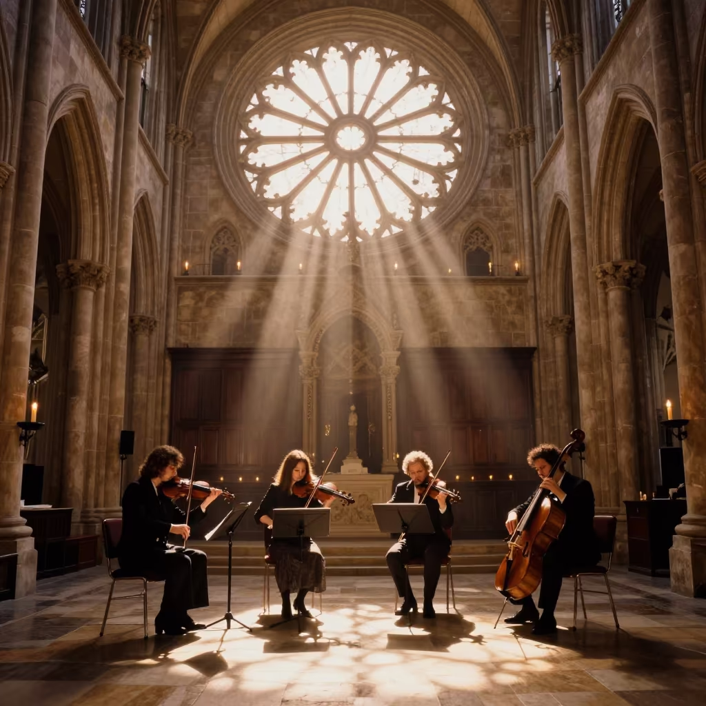 String Quartet Under Cathedral Rose Window in inside a candlelit nave in Daura