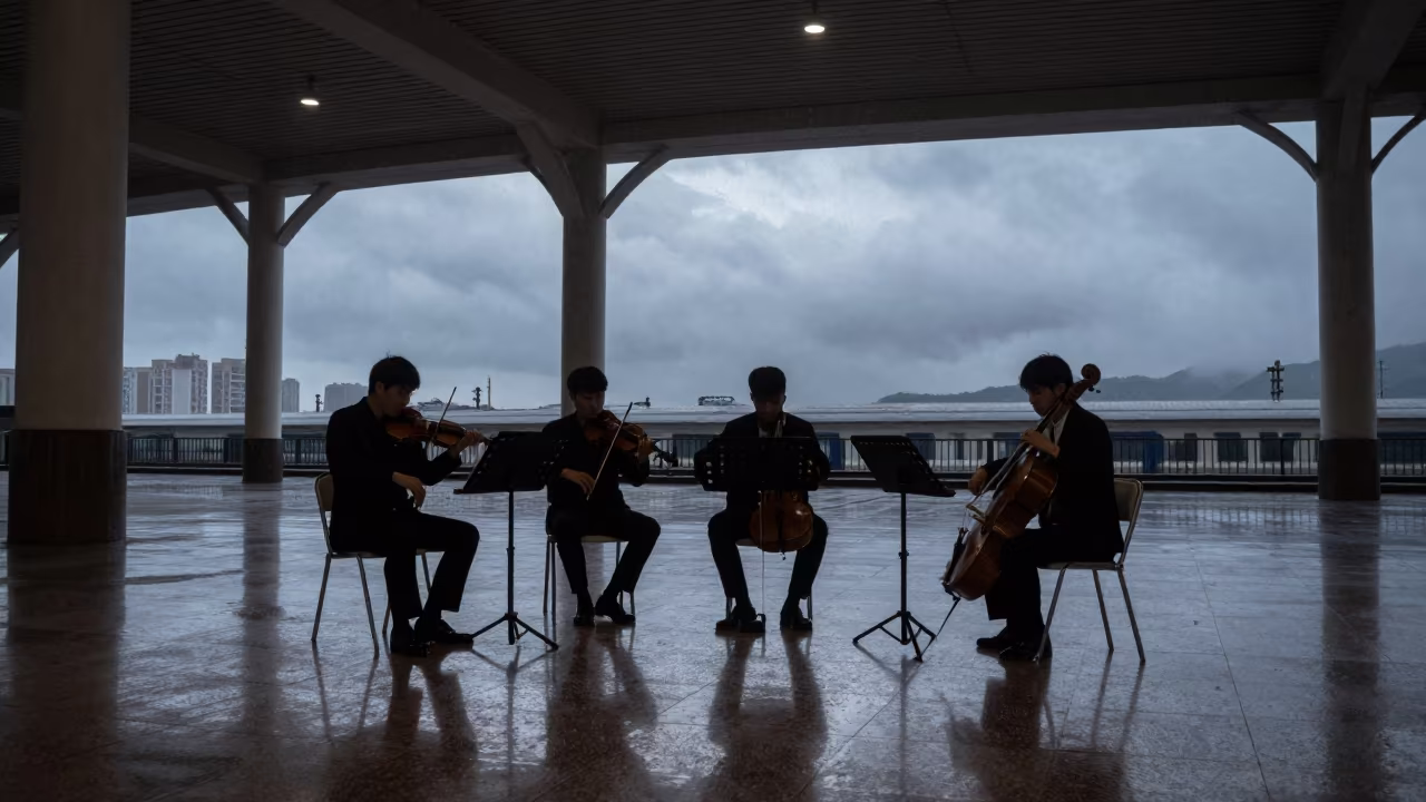 String Quartet in Lanzhou Station Before Dawn in inside a skylit passageway in Lanzhou