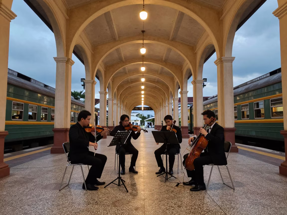 String Quartet in Phuket Station Blue Hour in inside a restored train terminal in Phuket