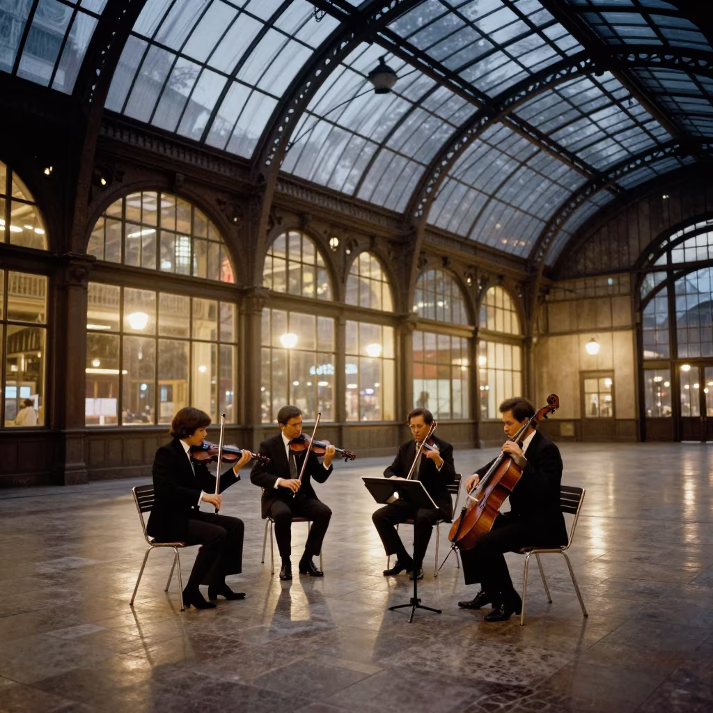String Quartet Performing in Suzhou Railway Station in inside a glass-roofed arcade in Suzhou