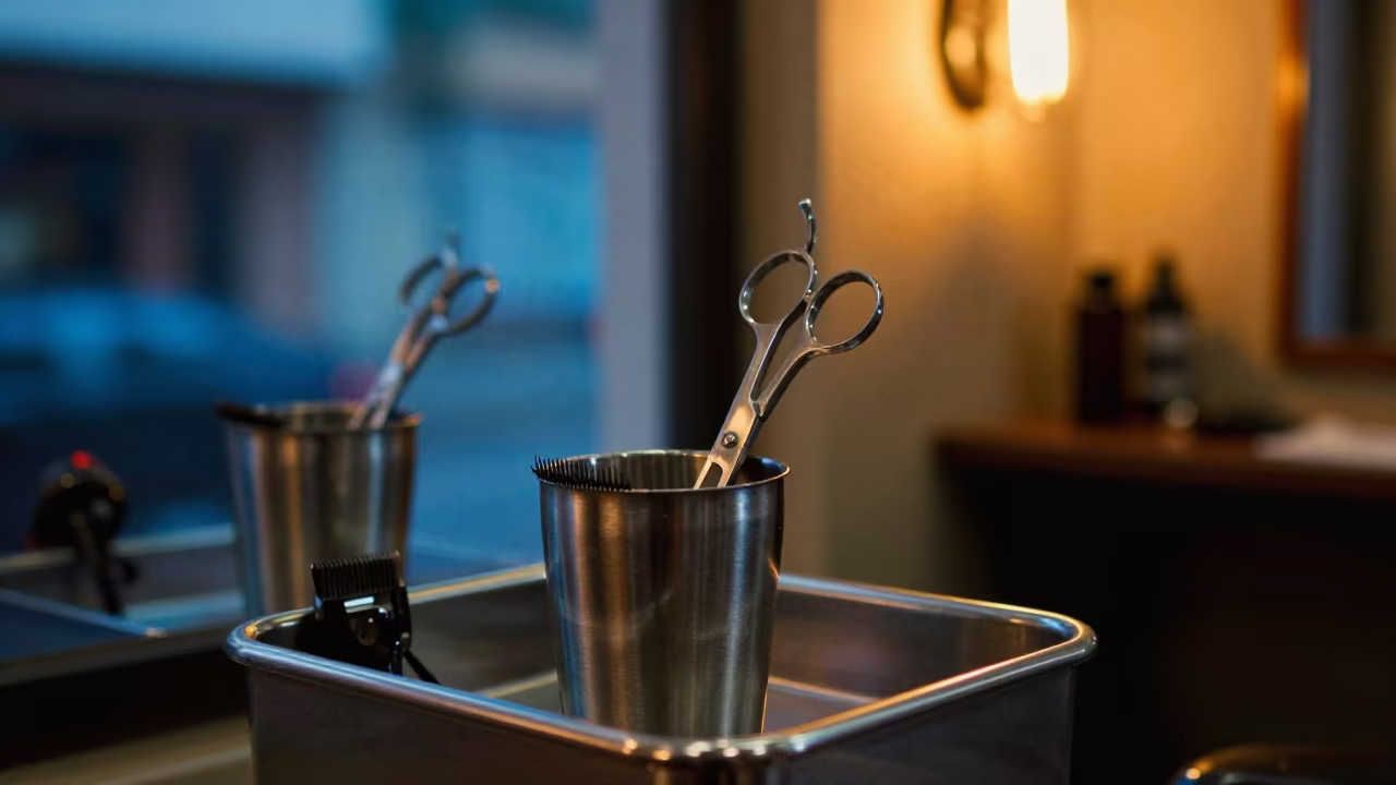 Strip Lash Scissors Cup in Muzaffarpur Beauty Salon in at a barber station beneath mirror bulbs in Muzaffarpur