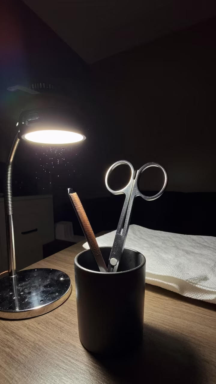 Strip lash trim scissor cup night beauty in inside a skincare treatment room in Mbuji-Mayi