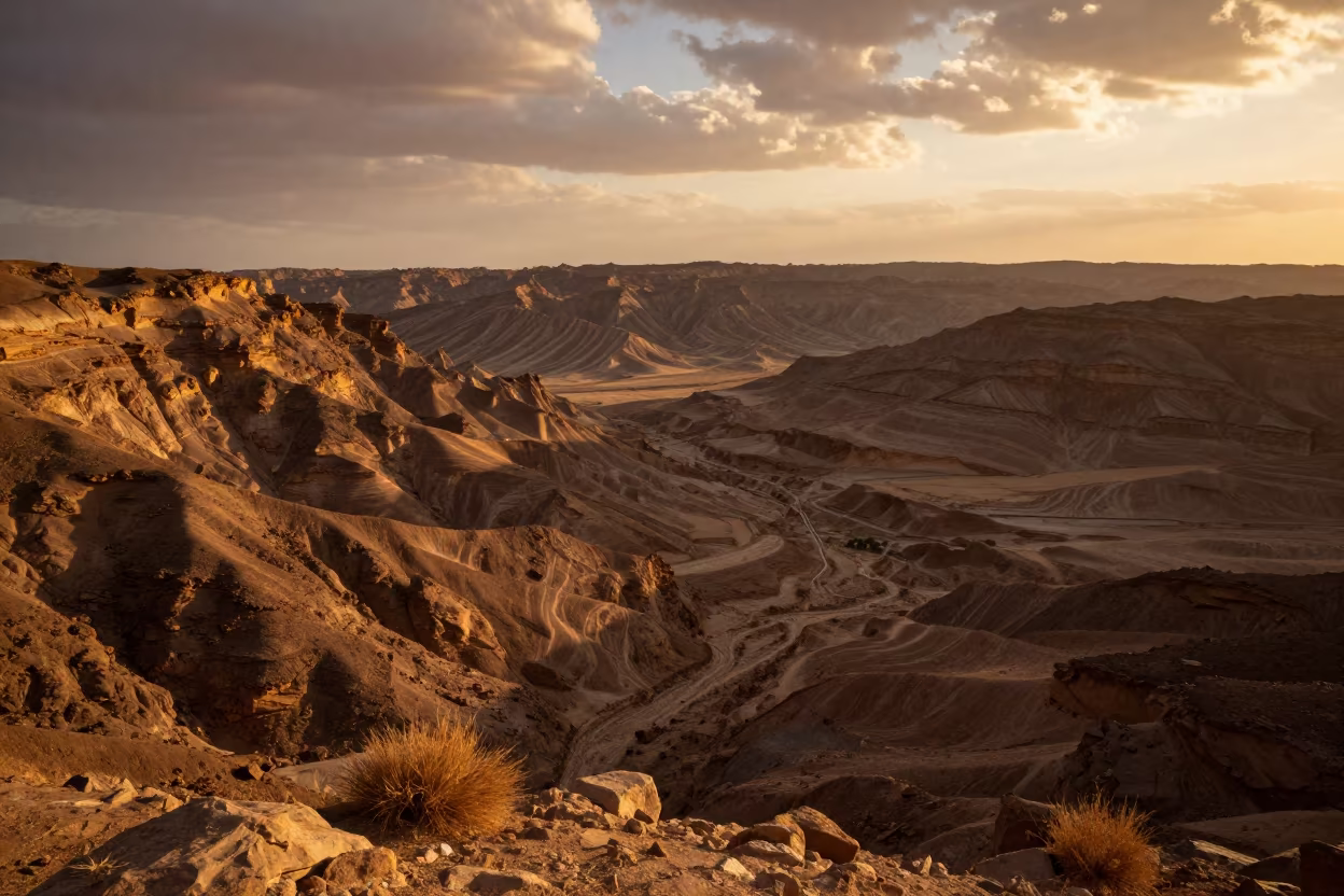 Striped Badlands Canyon Sinai Sunset Ridge in from a ridge above layered foothills in Sinai