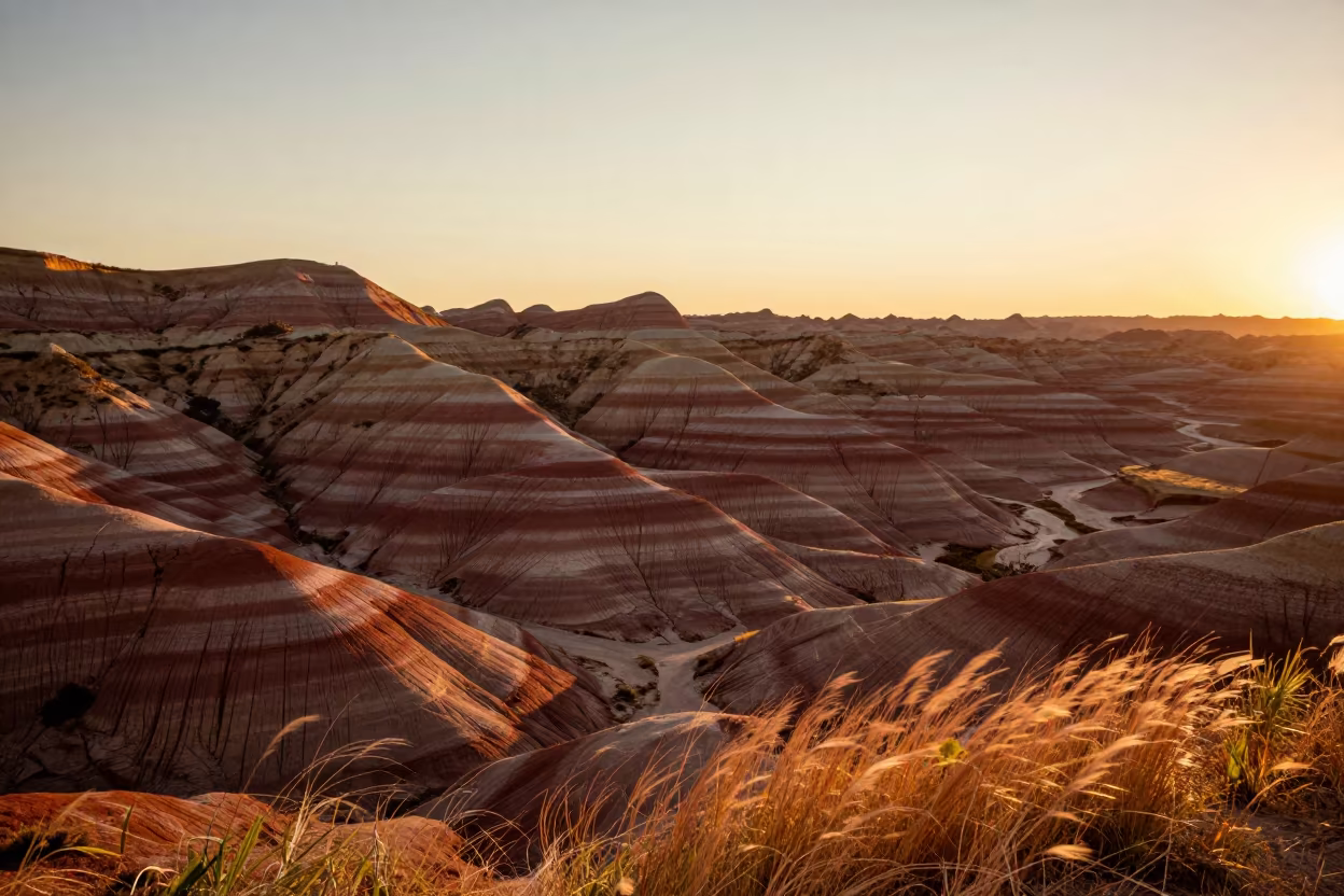 Striped Badlands Canyon at Sunset Near Phoenix in from a ridge above layered foothills near Phoenix