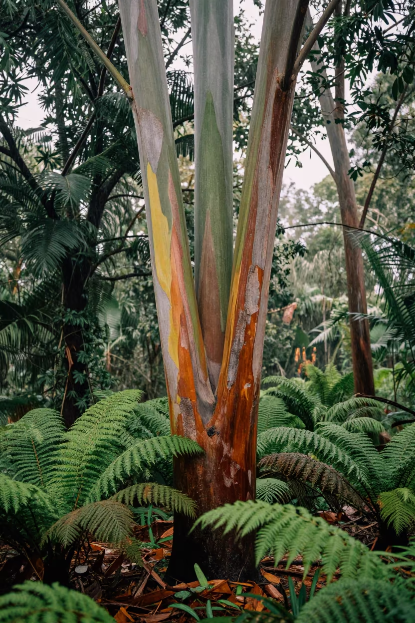 Striped Bark Rainbow Eucalyptus in Somali Forest in on a fern-lined forest floor in Somalia