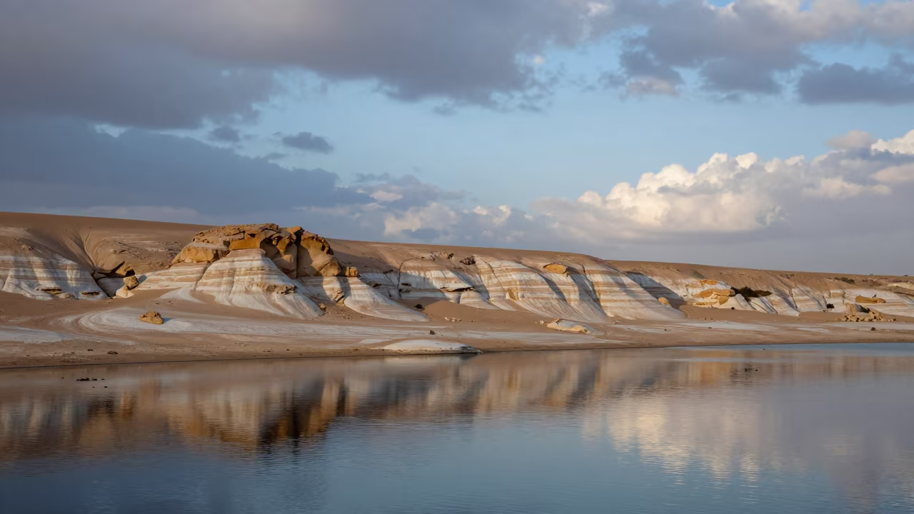 Striped Desert Rock Reflected Blue Hour Water in near Zamalek, Cairo