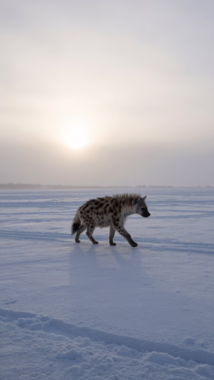 Striped Hyena Crosses Snow Crust Near Sapporo in near Sapporo