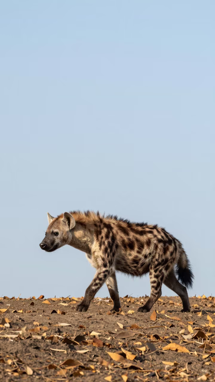 Striped Hyena Walking Fallen Leaves Late Afternoon in near Ho Chi Minh City