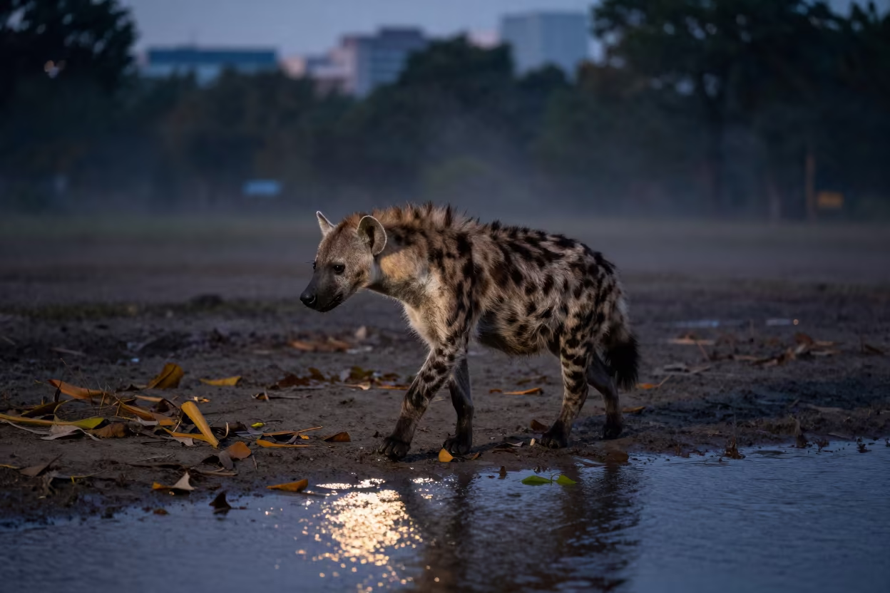 Striped Hyena Crossing Leaves at Dusk in near Ho Chi Minh City