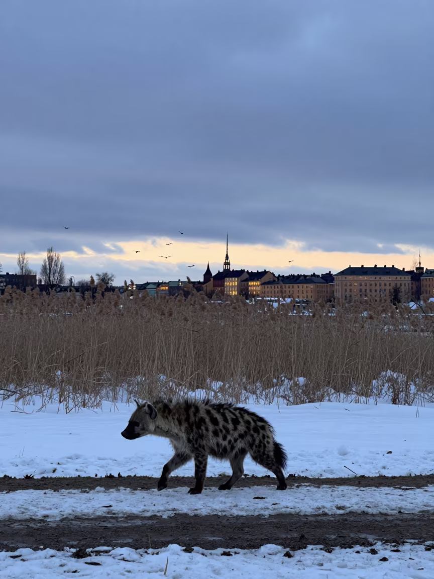 Striped Hyena Crossing Snow Near Stockholm in at the edge of a reed bed near Gamla Stan, Stockholm