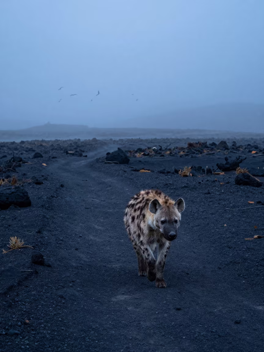 Striped Hyena Crossing Volcanic Sand at Dusk in along a game trail near Thimphu