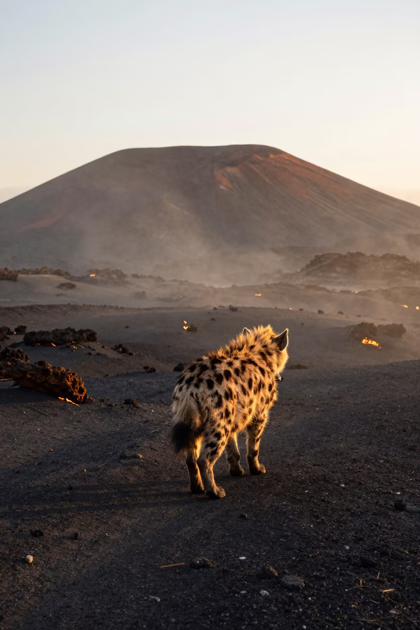 Striped Hyena Crossing Volcanic Sand at Golden Hour in on a wind-scoured ridge near La Mariscal, Quito