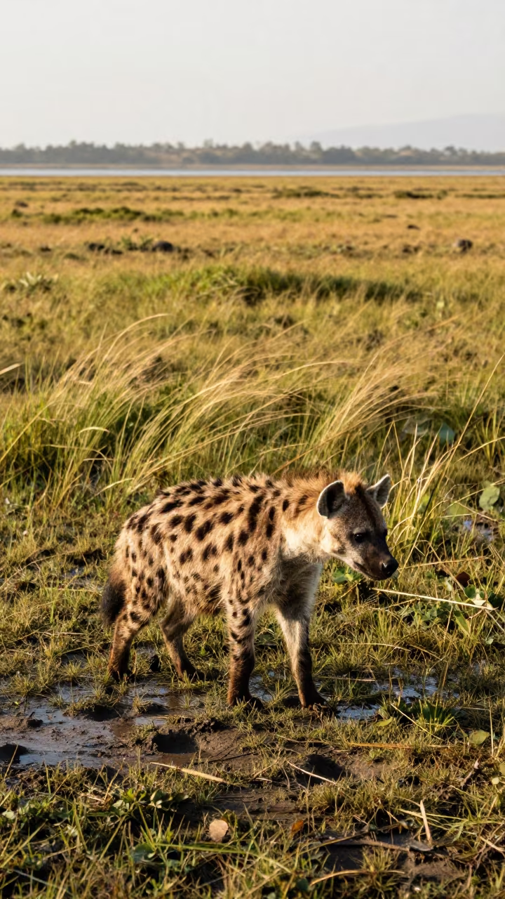 Striped Hyena Crossing Wet Salt Marsh in in Yunnan