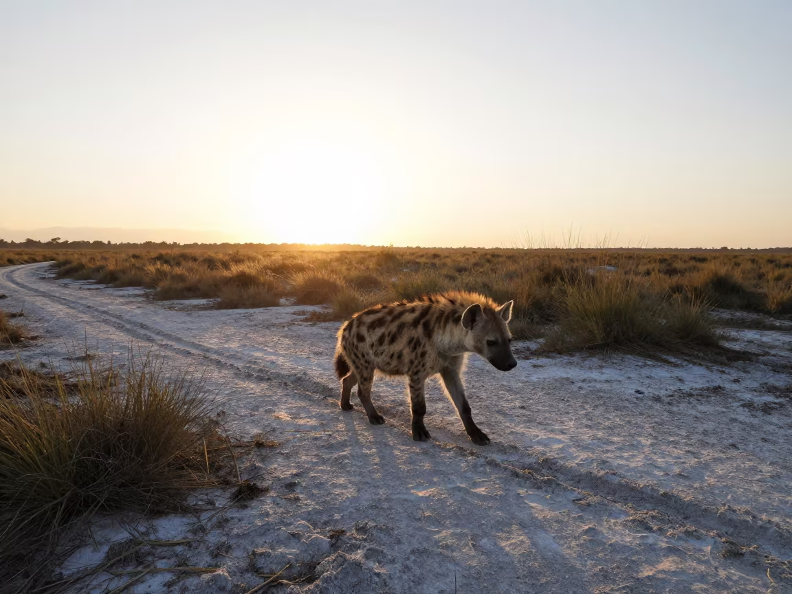 Striped Hyena Silhouette in Salt Marsh Dawn in along a game trail near Kingston